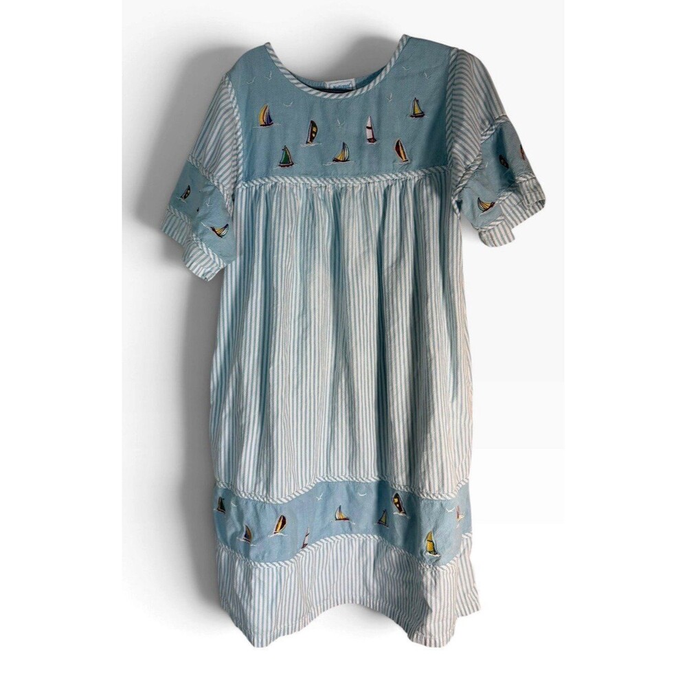 National Woman Embroidered Sail Boats Kraftan Dress Sz L Blue Nautical Striped
